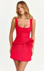 Vivienne Mini Dress - Square Neck Rosette Peplum Dress in Red