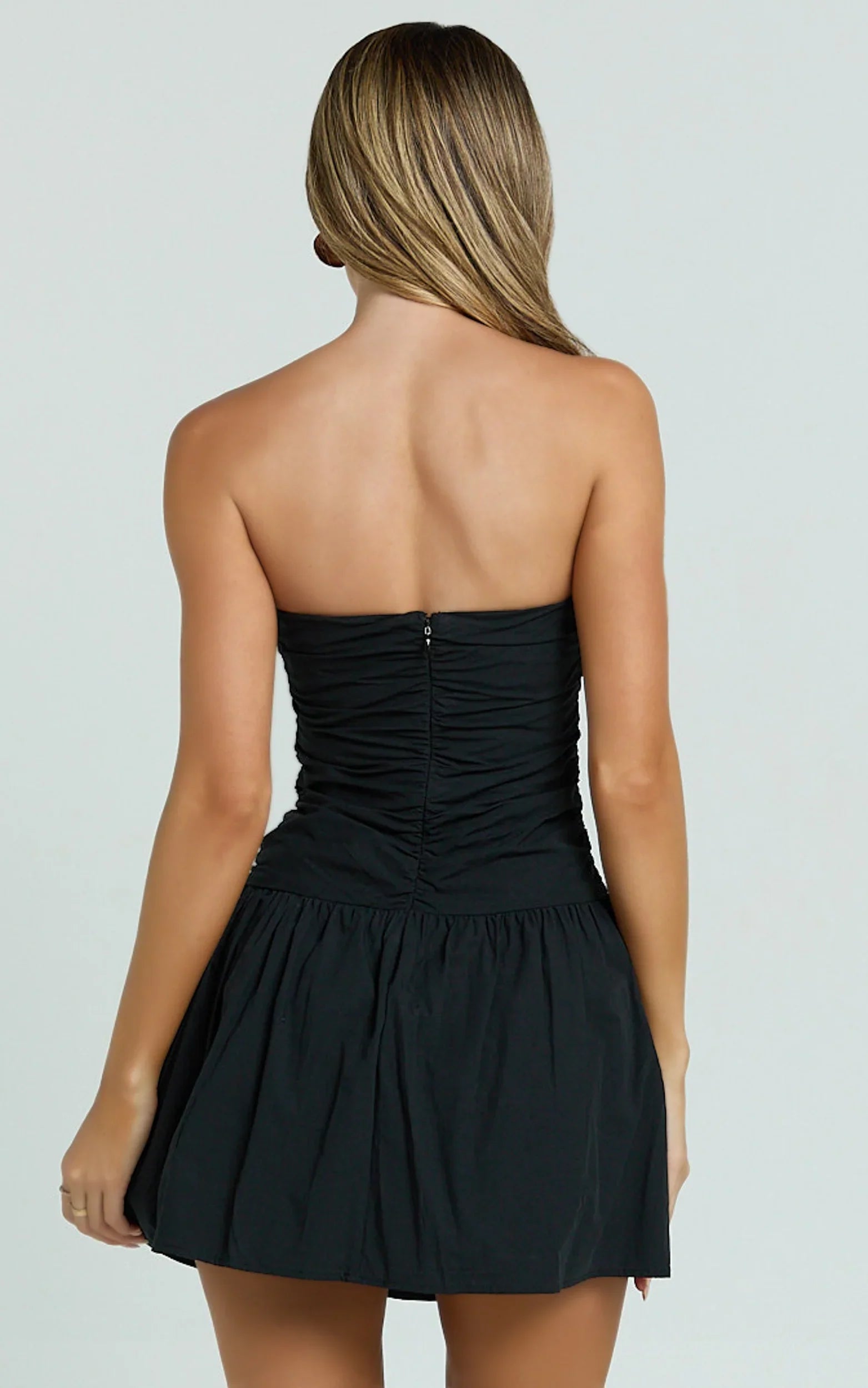 Donatella Mini Dress - Strapless Drop Waist Dress in Black