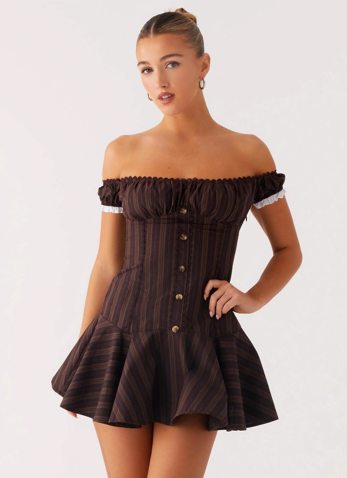 Jumana Off Shoulder Mini Dress - Toffee Stripe