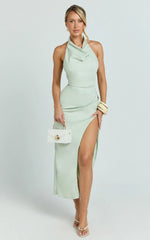 Finn Midi Dress - Folded Cowl Halter With Front Leg Split in Sage
