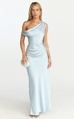 Lira Midi Dress - One Shoulder Satin Dress in Pale Blue
