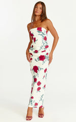 Dahlia Midi Dress - Strapless Draped Cowl Waist Fitted Dress in Scarlet Rose Print