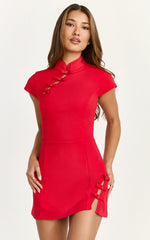 Nadia Mini Dress - Cap Sleeve Mandarin Collar Fitted Dress in Red with Red Trim