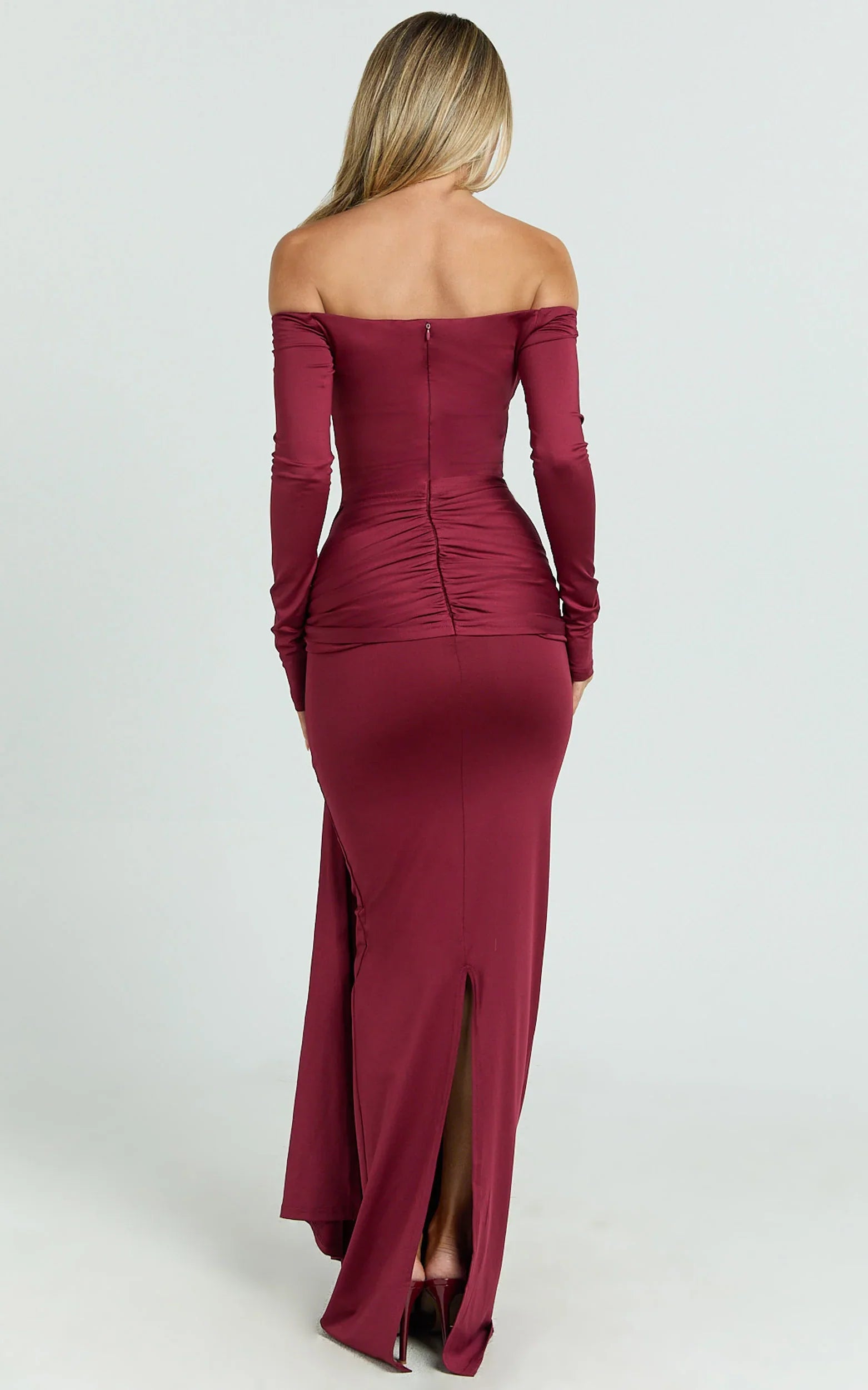 Judith Maxi Dress - Boat Neck Backless Tie Front Long Sleeve Jersey Dress in Wine
