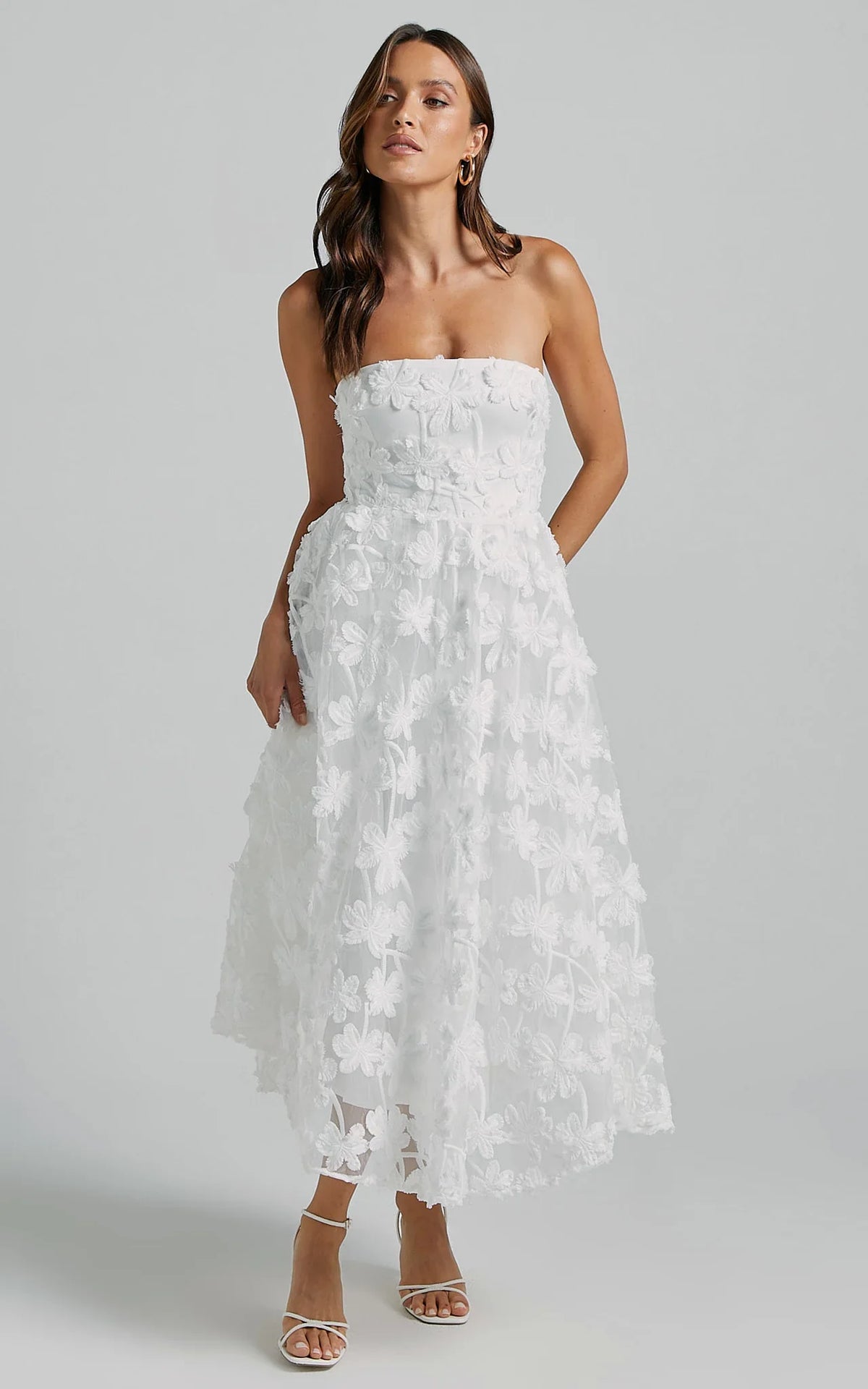 Rheiva Midi Dress - Strapless 3D Embroidery Midi Dress in White