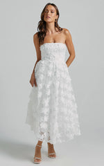Rheiva Midi Dress - Strapless 3D Embroidery Midi Dress in White
