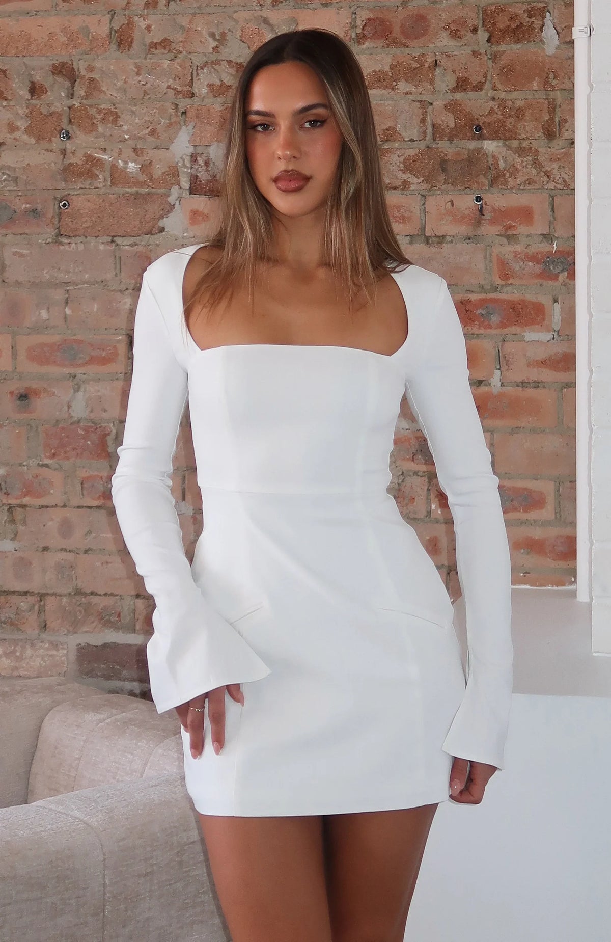 Living For Love Long Sleeve Mini Dress Off White