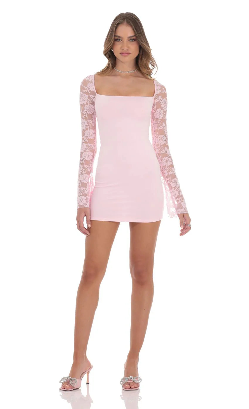 Lace Long Sleeve Bodycon Dress in Maroon